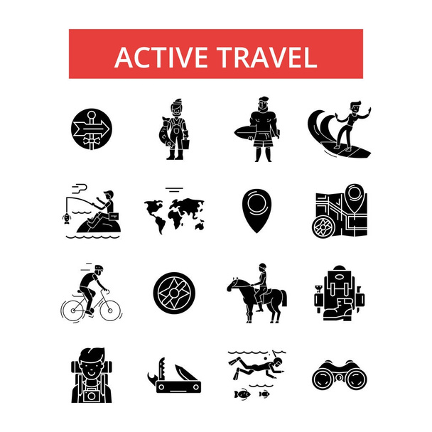 Ilustración de viaje activa, iconos de línea delgada, signos planos lineales, símbolos vectoriales, conjunto de pictogramas de contorno, trazos editables
 - Vector, imagen