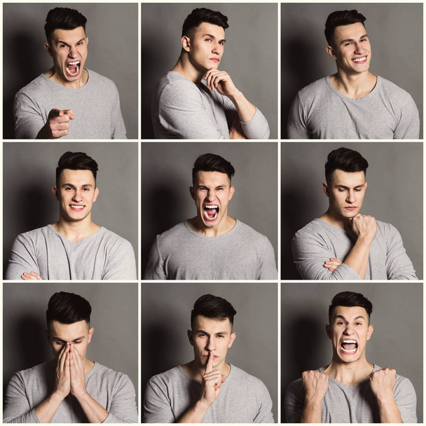 Set di giovani emozioni diverse su sfondo grigio studio
 - Foto, immagini