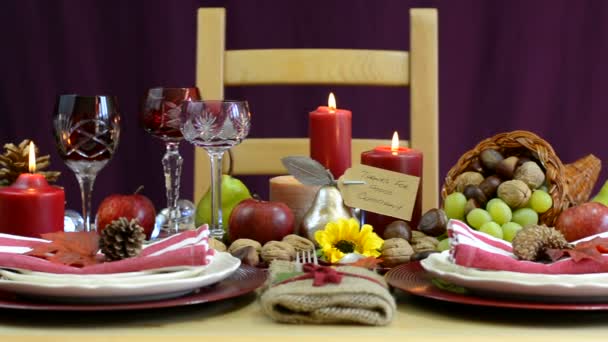 Thanksgiving table with place settings and cornucopia centerpiece - Footage, Video