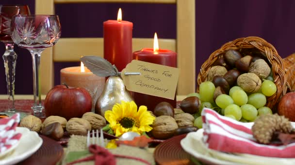 Thanksgiving table with place settings and cornucopia centerpiece - Footage, Video