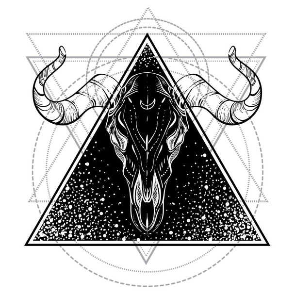 Blackwork tattoo flash. Bull Skull. Sacred geometry. Vector illustration isolated on white. Tattoo design, mystic symbol, dark romance, astrology. - Vector, Image