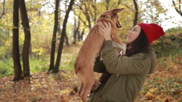 秋の公園で美しいヒップ少女保持犬 - 映像、動画