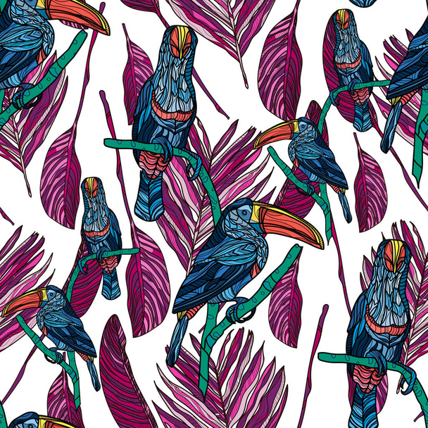 Seamless pattern with toucans and tropical leaves. - Vector, Image