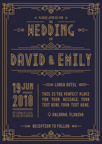 Wedding invitation card art deco style gold color on cyan background with frame - Vektor, Bild