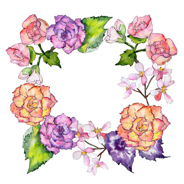 Wildflower begonia flower wreath in a watercolor style. - Foto, immagini