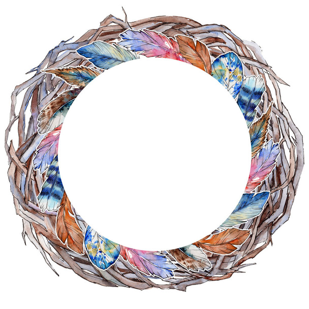 Forest twig branches wreath in a hand drawn watercolor style isolated. - Fotó, kép