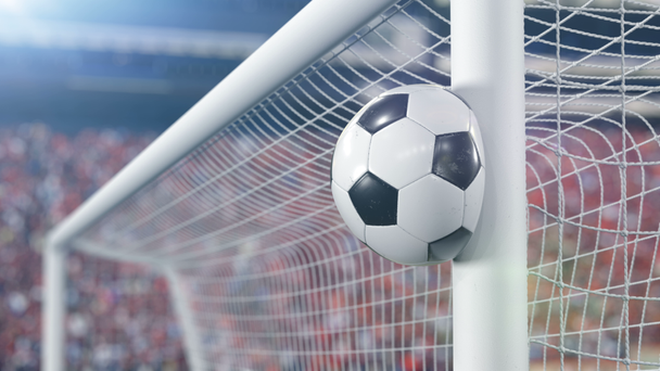 Belle balle de football frappe la barre et rebondit au ralenti. Football animation 3D Concept. 4k Ultra HD 3840x2160
. - Séquence, vidéo