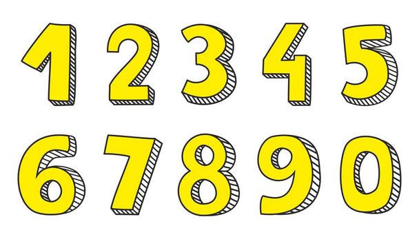 handgezeichnete gelbe Vektornummern isoliert auf weißem Hintergrund - Vektor, Bild
