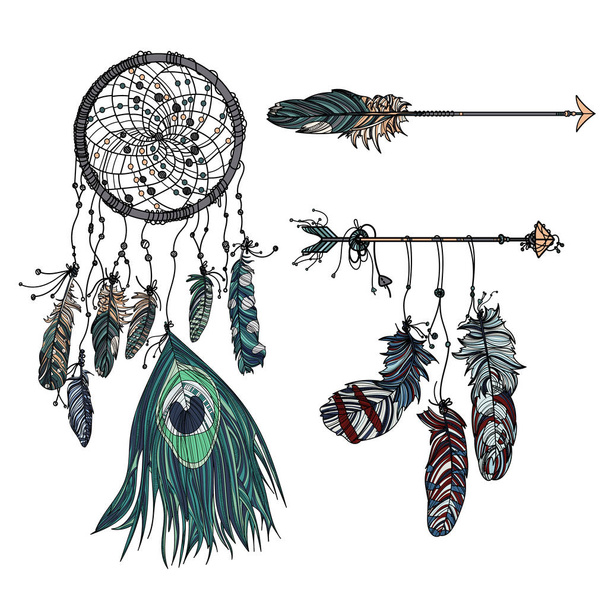 Dreamcatcher with ethnic arrow and feathers. - Vector, Image