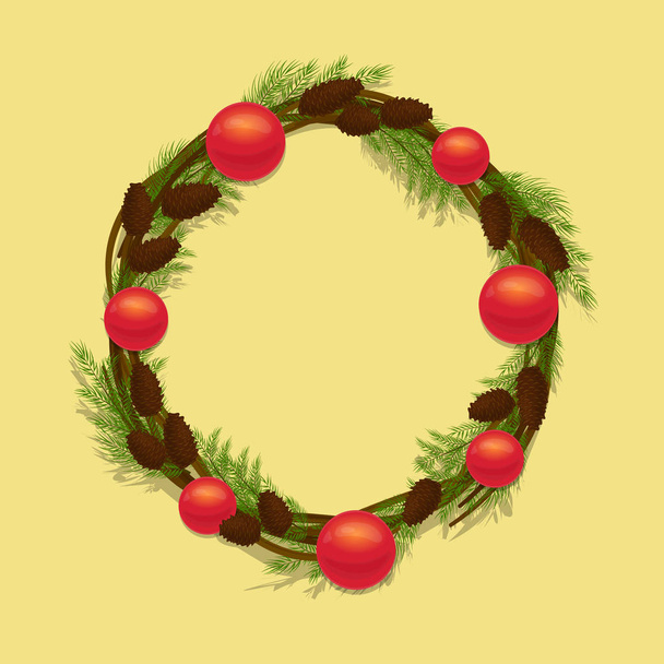 Декоративні прикраси, різдвяний вінок до нового року з гілками ялинки, конусами, червоними кульками. Векторні ілюстрації
 - Вектор, зображення