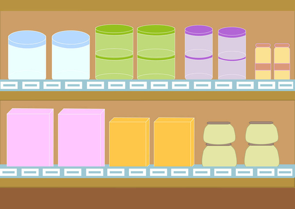 Supermarket shelves with dairy and baby food products. - Vector, Image