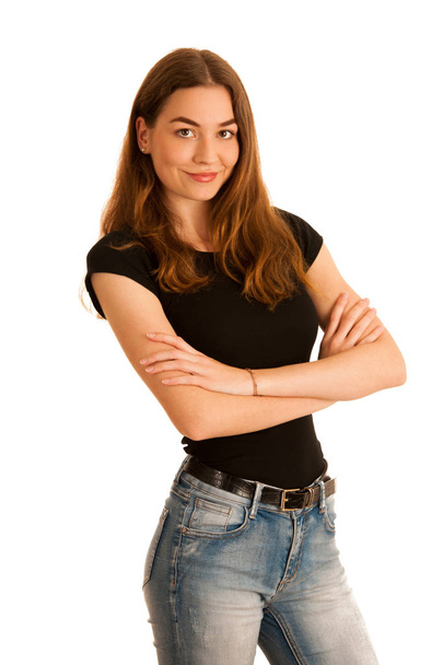 attractive young woman in jeans and black t shirt isolated over  - Zdjęcie, obraz