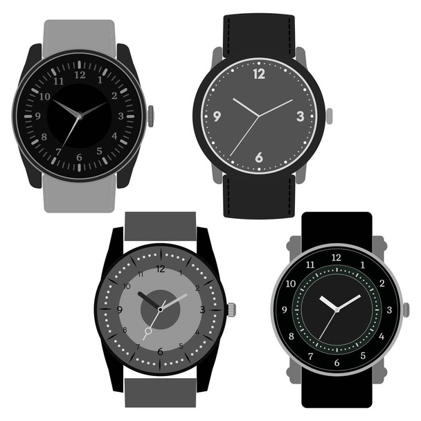 Σετ από τέσσερα μαύρα και άσπρα ρολόγια σε λευκό φόντο - Διάνυσμα, εικόνα