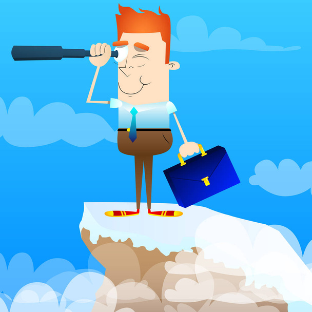 Businessman looking for investment opportunity with a magnifying glass on a mountain. - Vector, Image