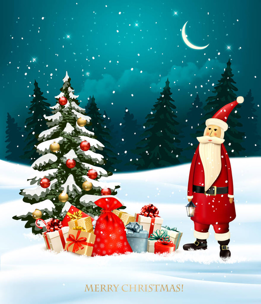 рождественский фон с подарочными коробками и Санта-Клаусом. Векторная иллюстрация
 - Вектор,изображение