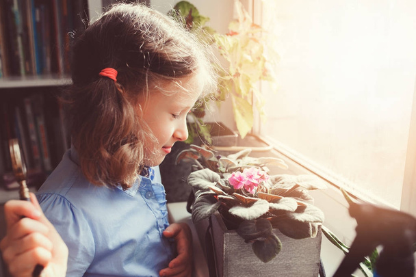 child girl learning to grow potted plants at home, Kid exloring home flowers  with loupe. Nature care and ecology concept - Fotografie, Obrázek