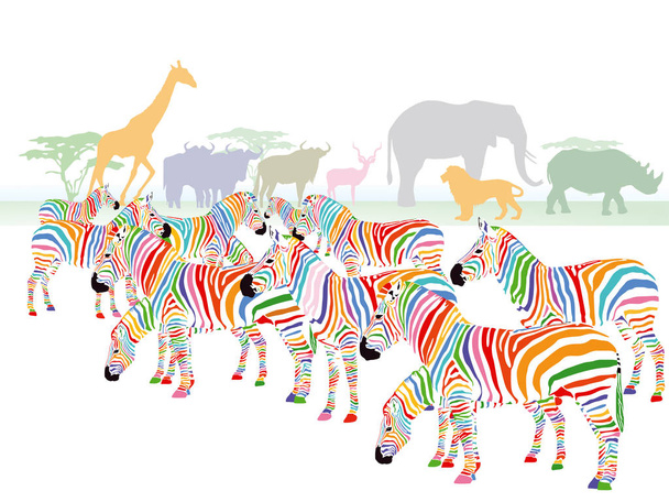 Colorful zebras in the savanna - Vector, Image