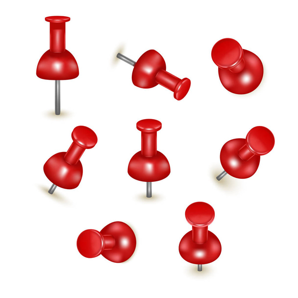Realistico dettagliato 3d Red Push Pins Set di angoli diversi. Vettore
 - Vettoriali, immagini