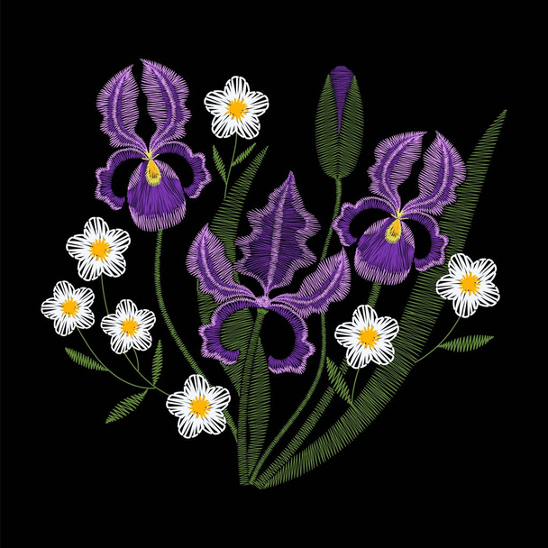 Iris flowers with chamomile embroidery  vector  - Vector, Image