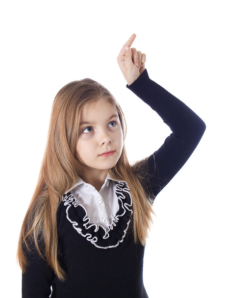 Menina loira jovem que está apontando um dedo em
. - Foto, Imagem