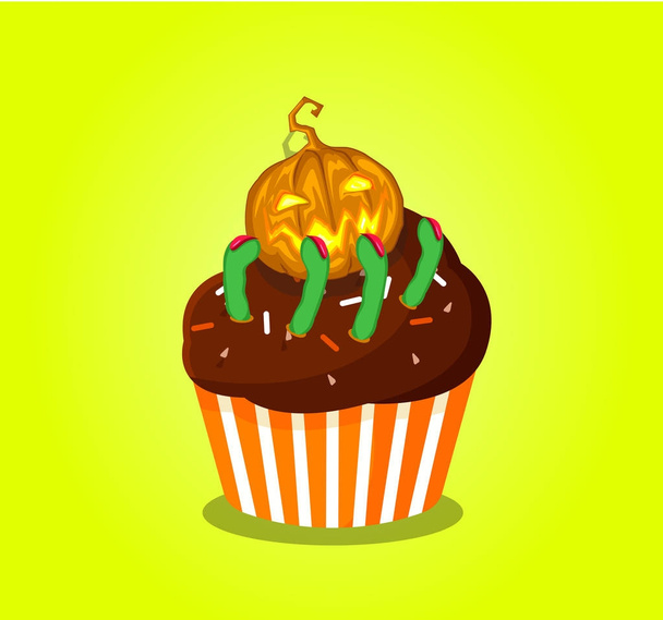 Cute happy halloween cupcake with pumpkin jack and scary green f - Vecteur, image