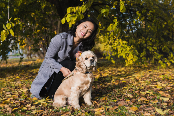 Ελκυστική γυναίκα της Ασίας με σκύλο στο πάρκο - Φωτογραφία, εικόνα