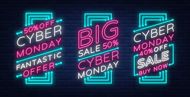 Cyber Monday a set of banners collection in a trendy neon style, a luminous signboard, a nightly advertising advertisement of sales rebates of a cyber Monday. Vector illustration for your projects - Vetor, Imagem