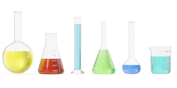 Chemie baňky s barevnou kapalinou na bílém pozadí. Věda chemie koncept. Laboratorní zkumavky a baňky s barevnými tekutinami. 3D vykreslování - Fotografie, Obrázek