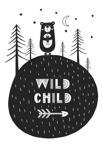 Άγριο παιδί - χαριτωμένο χέρι συρμένο φυτώριο αφίσα με κινούμενα σχέδια ζώων και γράμματα σε σκανδιναβικό στυλ. - Διάνυσμα, εικόνα