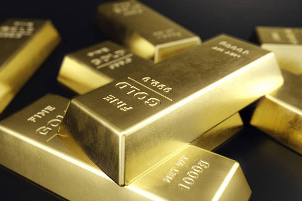 Detail zlaté pruty, váha zlaté pruhy 1000 gramů pojem bohatství a rezervní zásobník. Koncept úspěchu v podnikání a financí, vykreslování 3d objektů - Fotografie, Obrázek