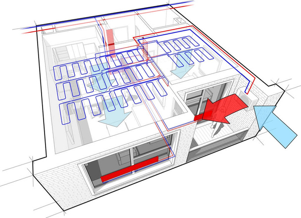Apartment diagram with radiator heating and ceiling cooling - Vector, Image