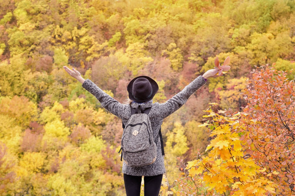 Chica con una mochila y un sombrero de pie con los brazos levantados. Bosque de otoño. Vista trasera
 - Foto, imagen