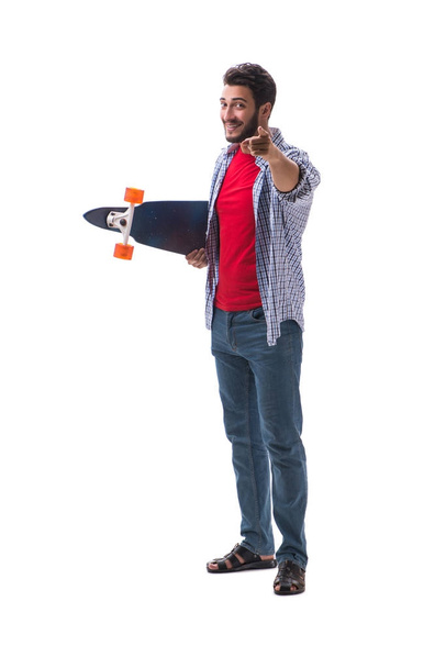 Young skateboarder with a longboard skateboard isolated on white - Fotoğraf, Görsel
