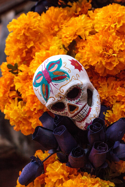 Blume und Skelett am dia de los muertos - Foto, Bild