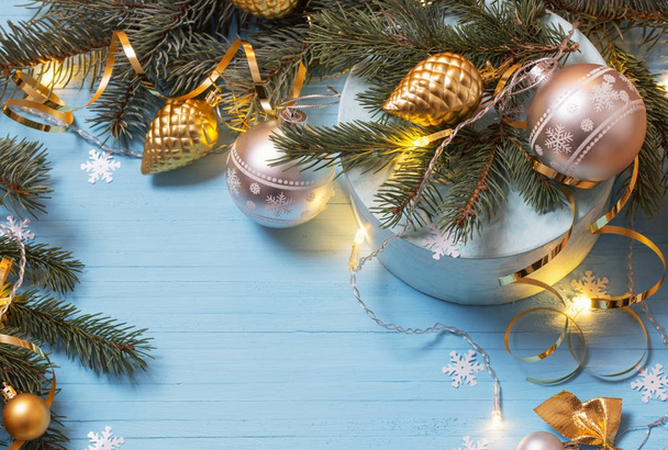 Christmas background with fir branchs and balls - Фото, изображение