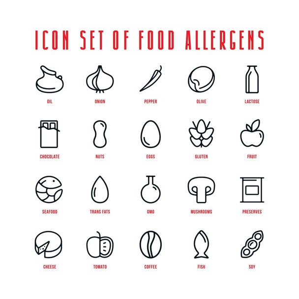 Σετ εικονιδίων αλλεργιογόνα φαγητού σε λεπτή γραμμή στυλ - Διάνυσμα, εικόνα