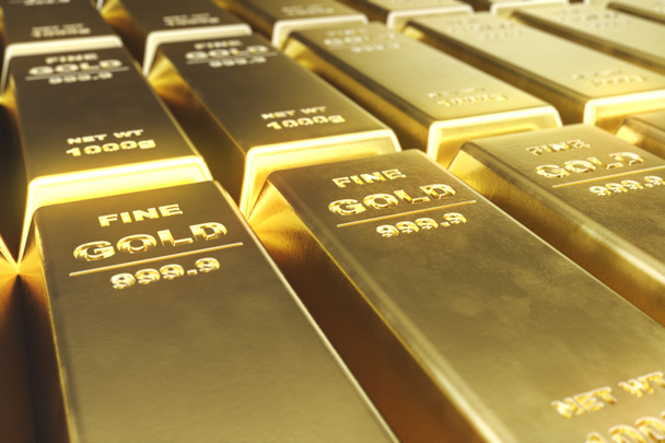 Detail zlaté pruty, váha zlaté pruhy 1000 gramů pojem bohatství a rezervní zásobník. Koncept úspěchu v podnikání a financí. 3D vykreslování - Fotografie, Obrázek