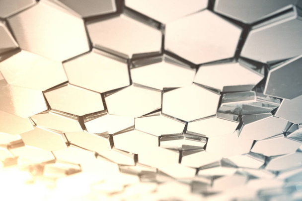 Futuristick 電界効果の深さとの抽象的な六角形の背景。六角形の多数の構造。鋼のハニカムの壁の質感、光沢のある六角形クラスターの背景。3 d レンダリング - 写真・画像