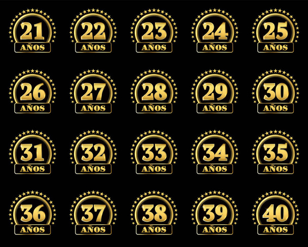 Set di numeri d'oro da 21 a 40 e la parola dell'anno decorato con un cerchio di stelle. Illustrazione vettoriale. Tradotto dallo spagnolo - Anni
  - Vettoriali, immagini