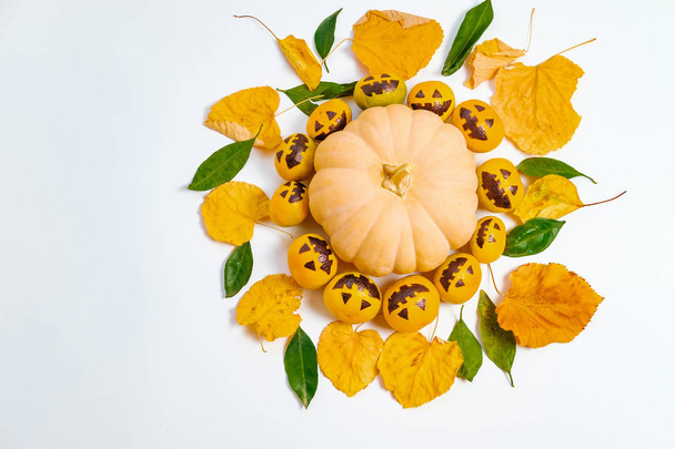 Flat Lay Composition with Fake pumpkins and tangerines with pain - Foto, Bild