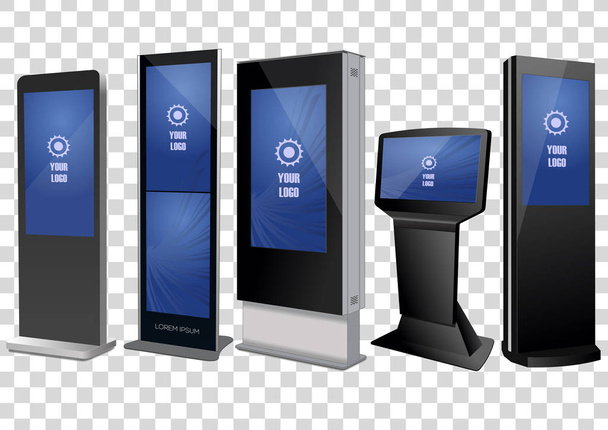 Set di chiosco informativo interattivo promozionale, display pubblicitario, supporto terminale, display touch screen. Modello finto. - Vettoriali, immagini