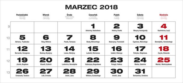 Poolse kalender voor 2018 - Vector, afbeelding