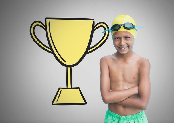 Boy with swimming wear and trophy - Fotoğraf, Görsel