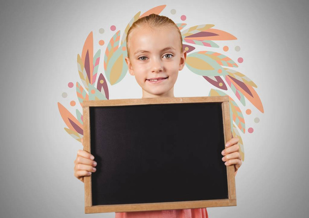 Girl with blackboard and leaf pattern - Foto, imagen