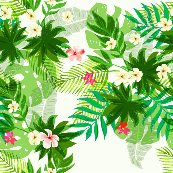 熱帯の葉と花のシームレスなエキゾチックなパターン. - ベクター画像