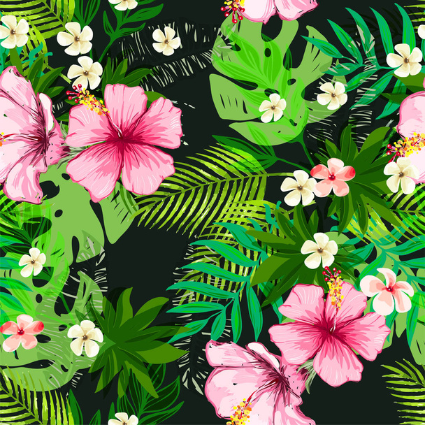 Seamless exotic pattern with tropical leaves and flowers. - Vektor, Bild