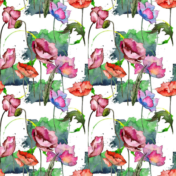Wildflower poppy flower pattern in a watercolor style. - Fotoğraf, Görsel