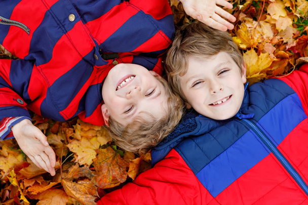 Two little kid boys lying in autumn leaves in colorful fashion fall clothing. - Photo, Image