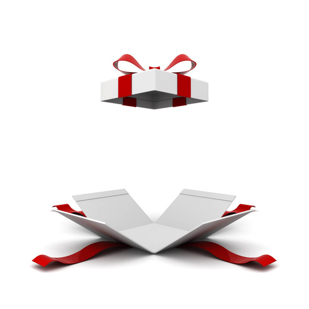 Avoin lahjapakkaus, läsnä laatikko punainen nauha keula eristetty valkoisella taustalla varjo 3D tehdä
 - Valokuva, kuva