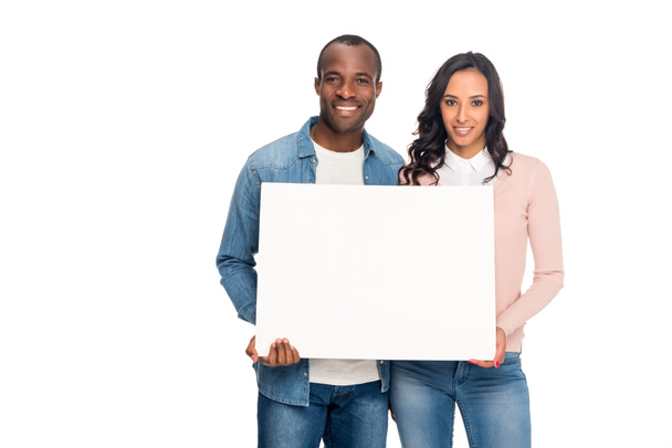 pareja afroamericana con pancarta en blanco
 - Foto, Imagen